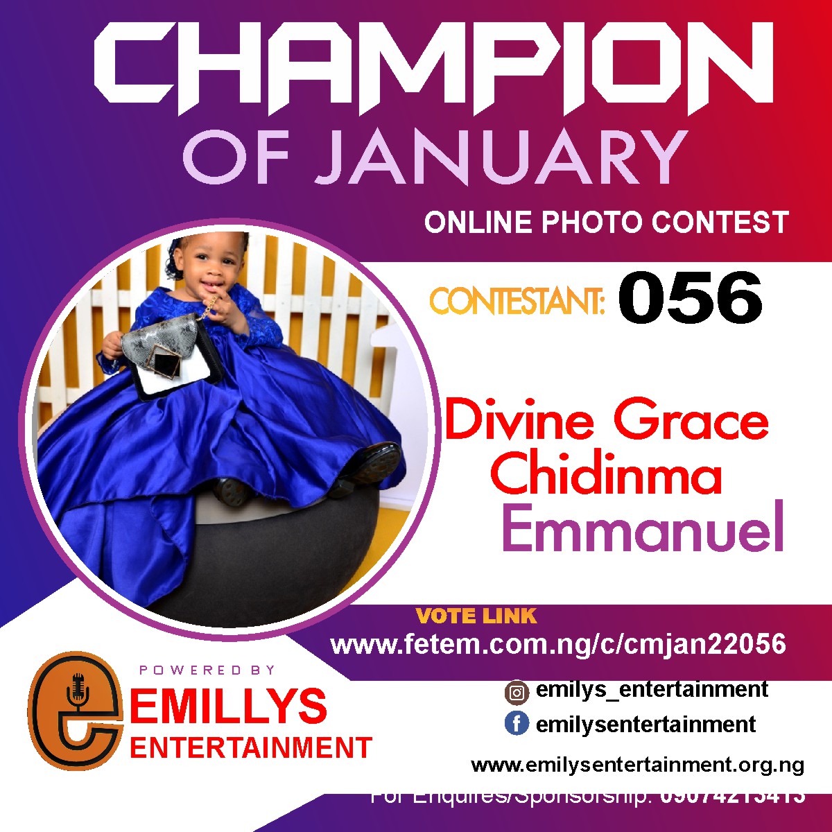 Vote EMMANUEL	DIVINE GRACE CHIDINMA in CHAMPION OF JANUARY 2022 Voting Contest @ Fetem.com.ng