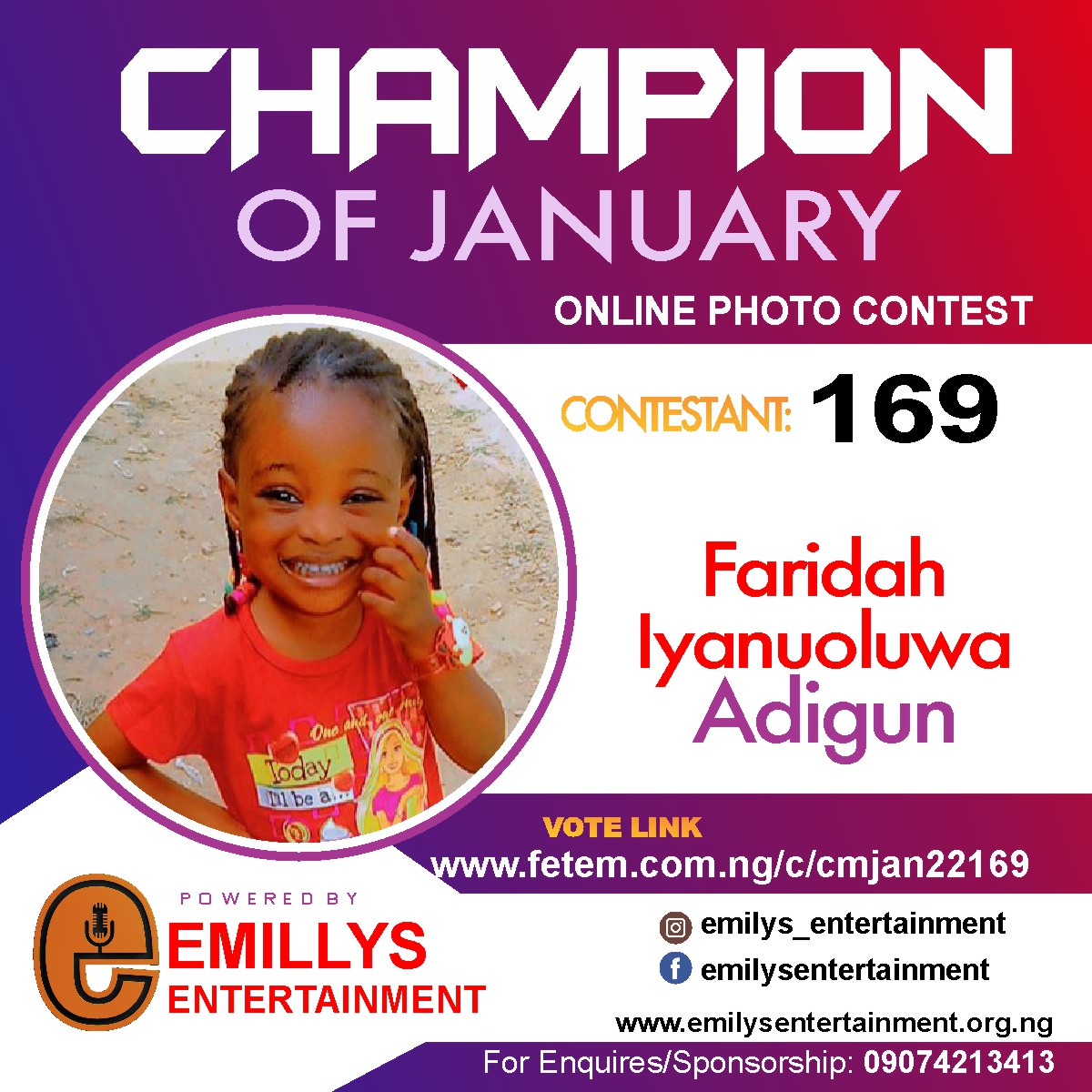 Vote ADIGUN	FARIDAH IYANUOLUWA in CHAMPION OF JANUARY 2022 Voting Contest @ Fetem.com.ng