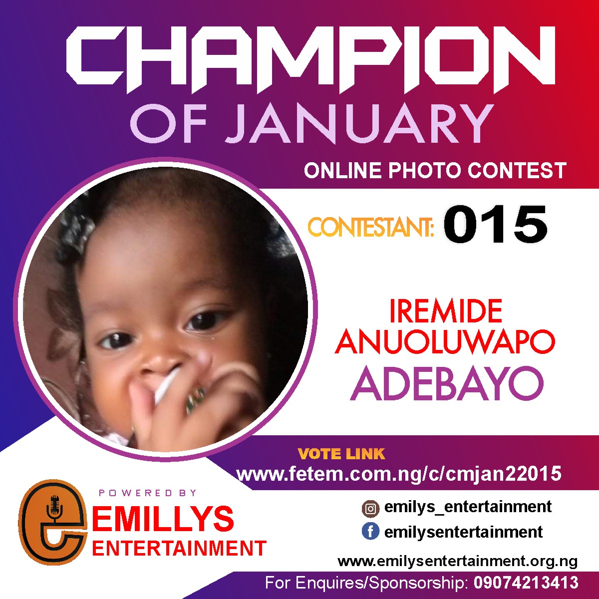 Vote ADEBAYO	IREMIDE ANUOLUWAPO in CHAMPION OF JANUARY 2022 Voting Contest @ Fetem.com.ng