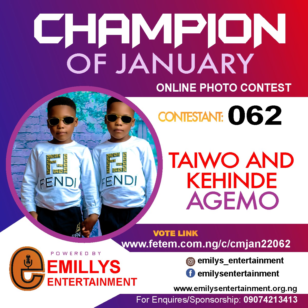 Vote AGEMO	TAIWO AND KEHINDE DARASIMI AND SEMILORE in CHAMPION OF JANUARY 2022 Voting Contest @ Fetem.com.ng