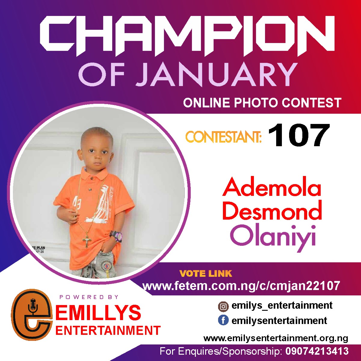 Vote OLANIYI	ADEMOLA DESMOND in CHAMPION OF JANUARY 2022 Voting Contest @ Fetem.com.ng
