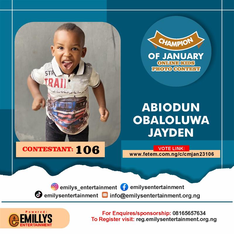 Vote ABIODUN	OBALOLUWA JAYDEN in CHAMPION OF JANUARY Voting Contest @ Fetem.com.ng