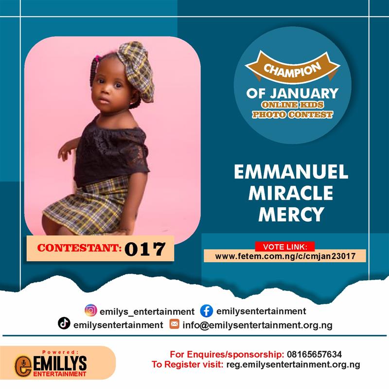 Vote EMMANUEL	MIRACLE MERCY in CHAMPION OF JANUARY Voting Contest @ Fetem.com.ng