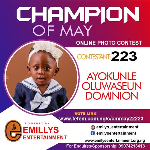 Vote AYOKUNLE     	OLUWASEUN DOMINION in CHAMPION OF MAY 2022 Voting Contest @ Fetem.com.ng