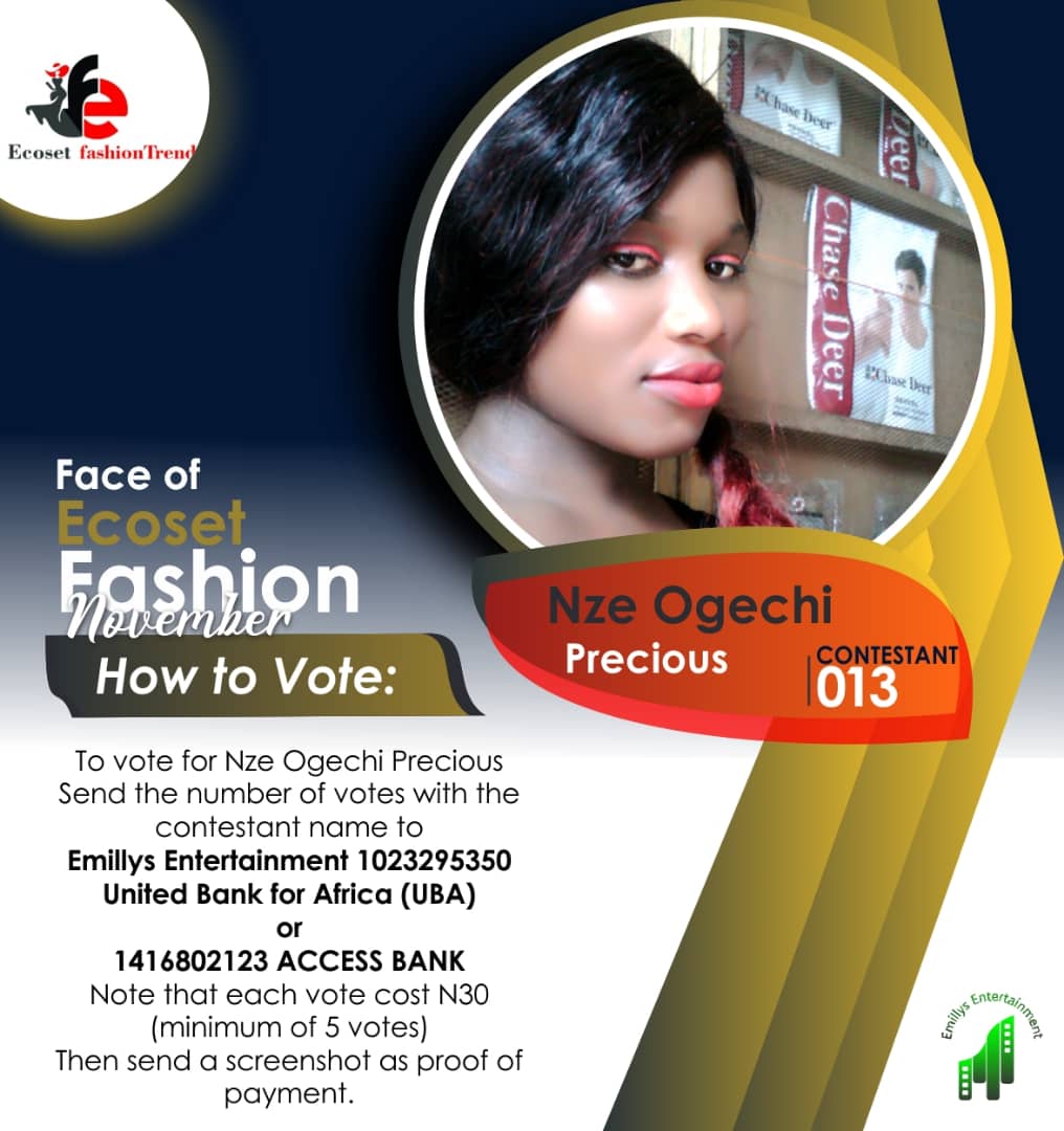 Vote NZE OGECHI	PRECIOUS in FACE OF NOVEMBER ECOSET FASHION 2020 Voting Contest @ Fetem.com.ng