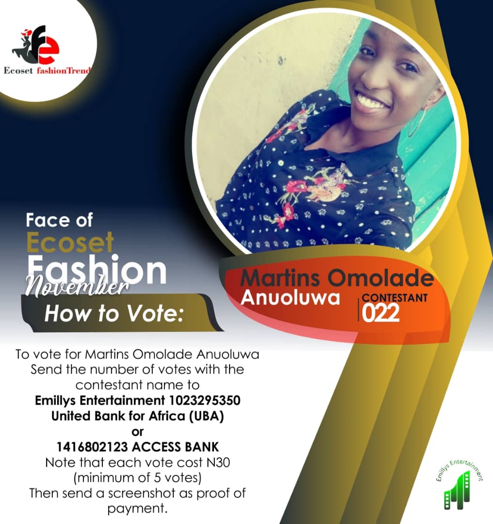 Vote MARTINS OMOLADE	ANUOLUWA in FACE OF NOVEMBER ECOSET FASHION 2020 Voting Contest @ Fetem.com.ng