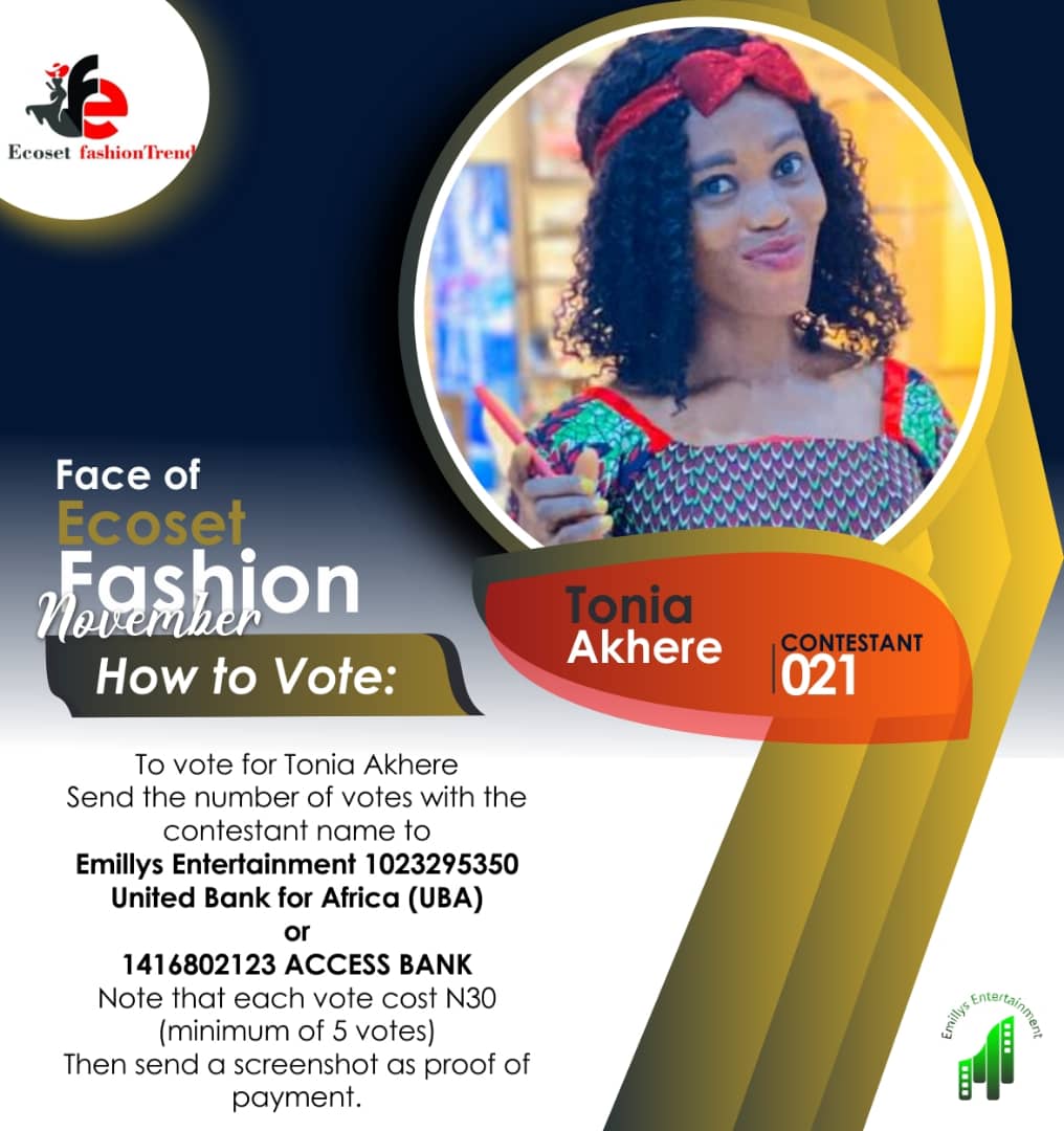 Vote TONIA AKHERE in FACE OF NOVEMBER ECOSET FASHION 2020 Voting Contest @ Fetem.com.ng