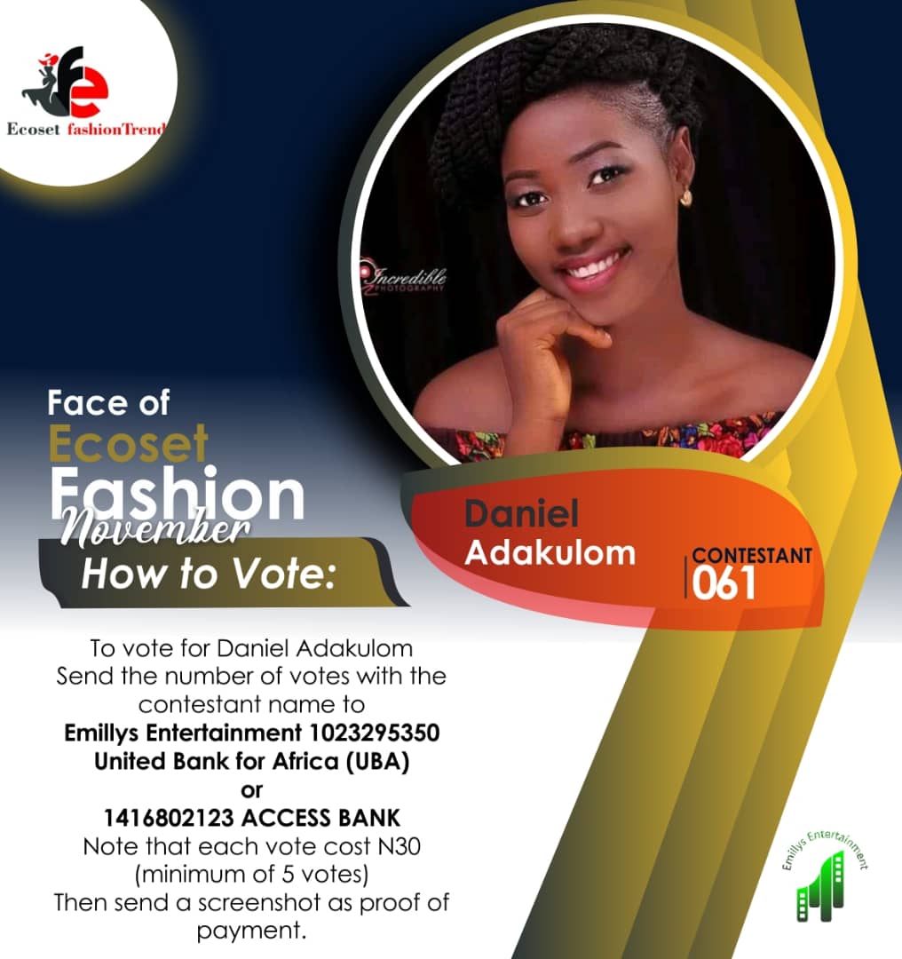 Vote DANIEL ADAKULOM in FACE OF NOVEMBER ECOSET FASHION 2020 Voting Contest @ Fetem.com.ng