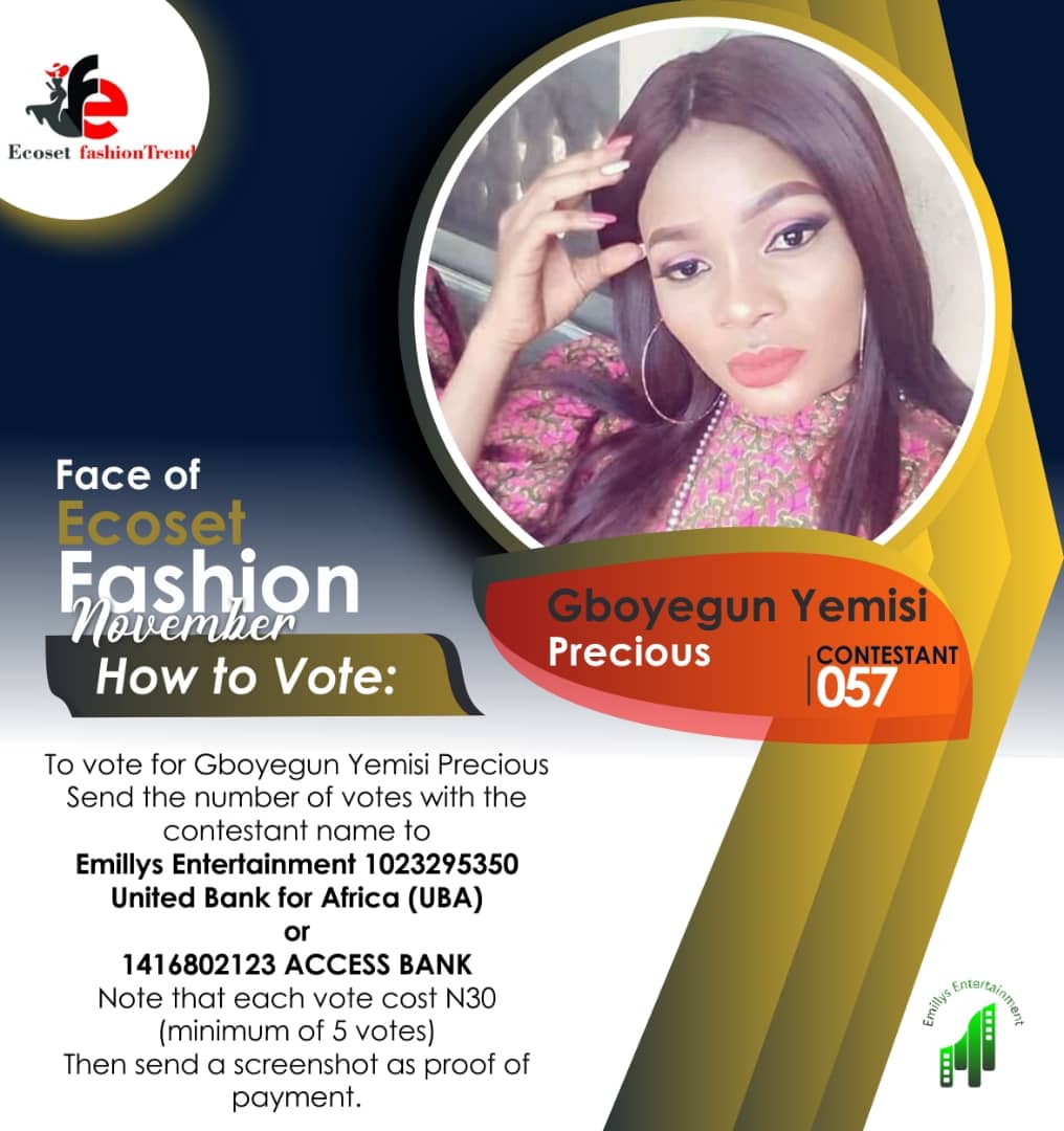 Vote GBOYEGUN PRECIOUS	YEMYSI in FACE OF NOVEMBER ECOSET FASHION 2020 Voting Contest @ Fetem.com.ng