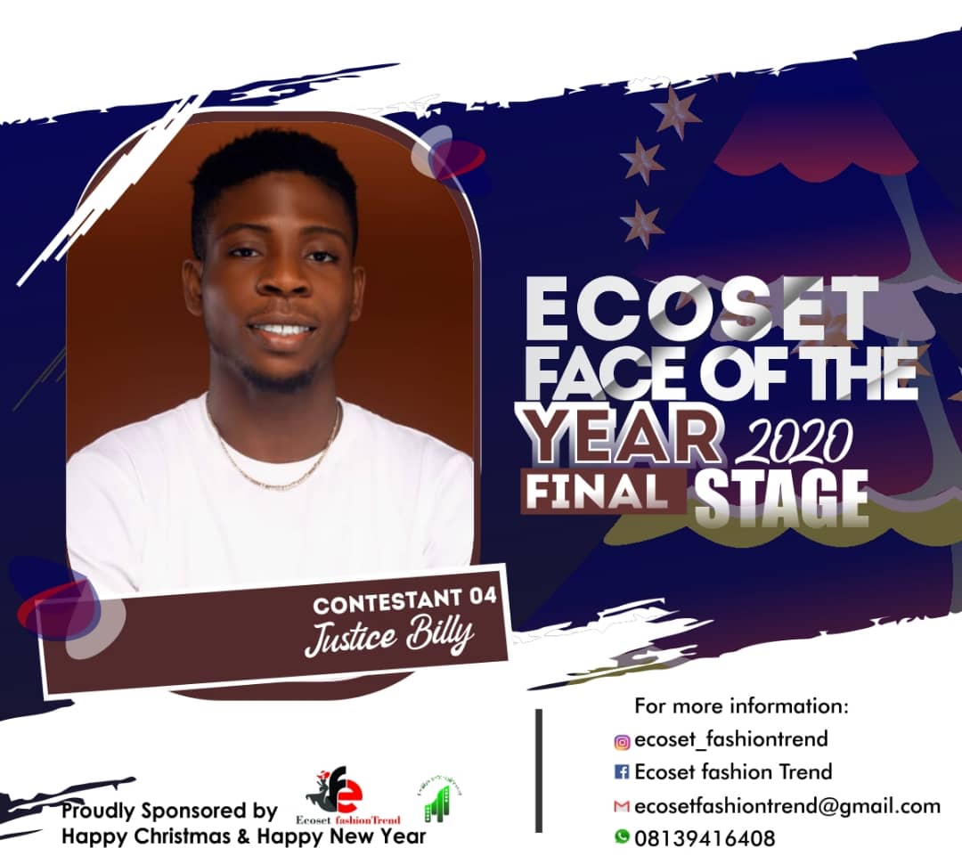 Vote JUSTICE BILLY in FACE OF THE YEAR ECOSET FASHION 2020 (STAGE 2) Voting Contest @ Fetem.com.ng