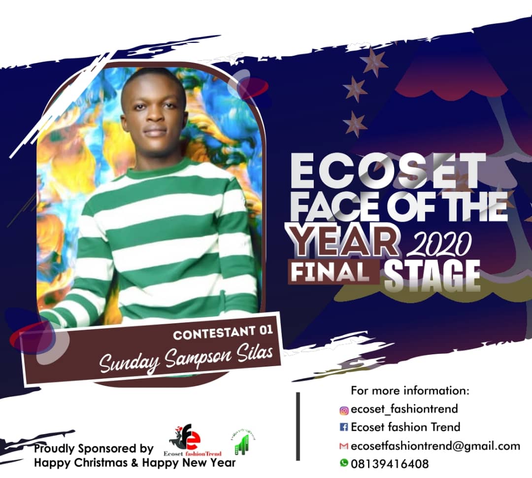 Vote SUNDAY	SAMPSON SILAS. in FACE OF THE YEAR ECOSET FASHION 2020 (STAGE 2) Voting Contest @ Fetem.com.ng