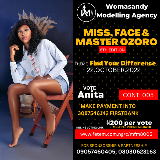 Vote Ejoh Anita in Miss, Face & Master Ozoro (8 Edition) Voting Contest @ Fetem.com.ng