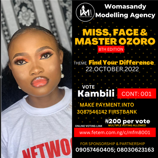 Vote Victory Kambili in Miss, Face & Master Ozoro (8 Edition) Voting Contest @ Fetem.com.ng