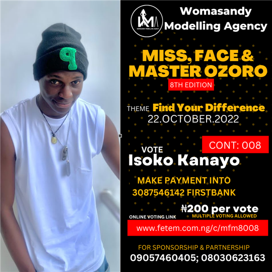 Vote Isoko Kanayo in Miss, Face & Master Ozoro (8 Edition) Voting Contest @ Fetem.com.ng