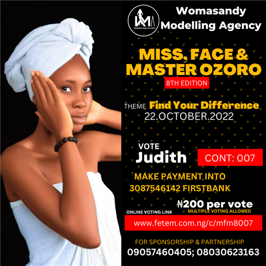 Vote Eruvwetota Judith in Miss, Face & Master Ozoro (8 Edition) Voting Contest @ Fetem.com.ng